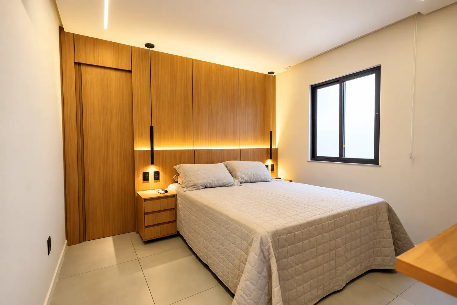 Quarto com painel de madeira e iluminação suave